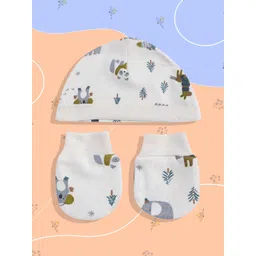 mothercare Infants Pure Cotton Printed Beanie with Pair of Mittens-picture-50