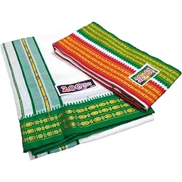 mps cotton cool MPS Men's Cotton Cool Green, Red Border 2.00 m Dhoti + Angavastram Set (White, Free Size)-picture-13