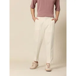 Mr Bowerbird Men Cream-Coloured Oversized Fit Mid-Rise Elephant Ankle Pleated Trousers-picture-30
