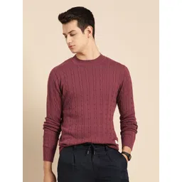 Mr Bowerbird Men Maroon Tailored Fit Cable Knit Pullover-picture-25