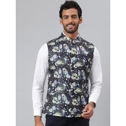 MR BUTTON Men Blue & White Floral Printed Nehru Jacket-picture-26