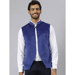 MR BUTTON Men Blue Solid Front-Open Nehru Jacket-picture-33