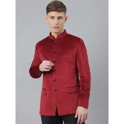 MR BUTTON Men Maroon Solid Slim-Fit Single Breasted Ethnic Blazer-picture-17