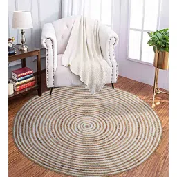mric White Geometric Jute 3 ft x 3 ft Hand Woven Round Carpet-picture-32