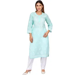 MRS RIGHT Women Ethnic Motifs Embroidered Regular Chikankari Pure Cotton Kurta with Trousers-picture-33
