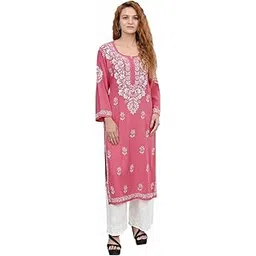 ms chikan arts Women's Rayon Full Sleeve Lucknowi Hand Work Round Neck Chikankari Kurti-picture-14