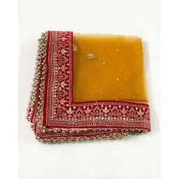 ms creations Net Embellished, Embroidered Yellow, Red Women Dupatta image 1