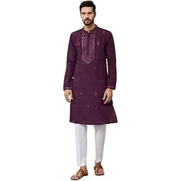 ms multi shades Men's Purple Straight Viscose Silk Kurta with Embroidered Neckline and Motifs-picture-19