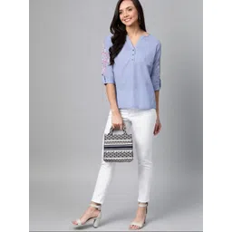 MSGB Fashion Ethnic Motifs Embroidered Roll-Up Sleeves Cotton Top-picture-36