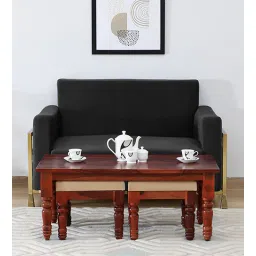 Aakrit Sheesham Wood Nesting Coffee Table Set (2 Stools ) In Scratch Resistant Honey Oak Finish With Brass Cladding,-image-20