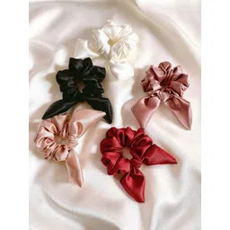 Mueras Set of 5 Bow Tie Knot Silk Satin Scrunchies-picture-18