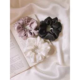 Mueras Women Lavender & White Set of 3 Solid Silk Satin Scrunchie-picture-37