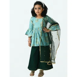 Muffin Shuffin Girls Blue & Green Ethnic Motifs Printed Tiered Kurti Set-picture-49