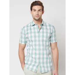 Mufti Buffalo Checks Spread Collar Short Sleeves Cotton Slim Fit Casual Shirt-picture-32