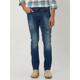 Mufti Men Slim Fit Mid-Rise Medium Shade Heavy Fade Low Distress Stretchable Jeans-picture-14