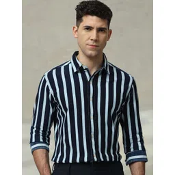 Mufti Men Slim Fit Spread Collar Vertical Striped Cotton Formal Shirt-picture-22