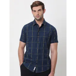 Mufti Slim Fit Windowpane Checks Spread Collar Cotton Casual Shirt-picture-35