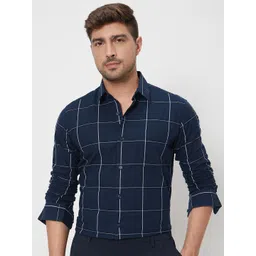 Mufti Slim Fit Windowpane Checks Spread Collar Long Sleeves Cotton Casual Shirt-picture-42