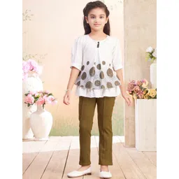 Muhuratam Girls Casual Wear Cream-Olive Colour Self Design Cotton Blend Top & Pant-picture-52