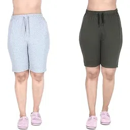 mukhaksh (Pack of 2 = 1 Navy Blue + 1 Green Shorts Women Ladies Girls Yoga Gym Wear Running Casual wear Lounge wear Navy Blue + Green Shorts with String nada and Zipper Pocket Both Sides-picture-24