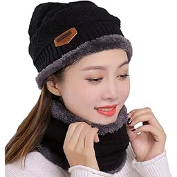 mukhaksh (Set = 1 Cap + 1 Scarf Ladies Girls Women Winter Woolen Beanie Cap with Scarf (Neck Warmer) Black-picture-39