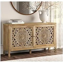 Mukund Craft House Solid Mango Wood Sideboard Cabinet for Storage | Living Room & Dining Room Crockery Cabinet Furniture | Handcrafted Wooden Console Table (Natural Finish, 40D x 128W x 75H cm)-picture-10