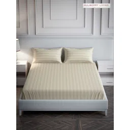 Mulberry Living Beige Striped 300 TC Queen Bedsheet with 2 Pillow Covers-picture-27