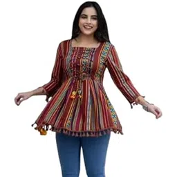 Multicolor Floral Peplum Top – Cotton Blend Choker Neck, Womens Casual-picture-46