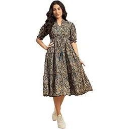 Multicolor Midi Length Maxi | Cotton A-Line Midi Gown | Boho Paisley Printed Fit & Flare Gown | Casual Summer Outfit with Puff Sleeves-picture-25
