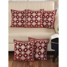 MULTITEX Maroon & Gold-Toned 5 Pieces Geometric Cotton Square Cushion Covers-picture-28