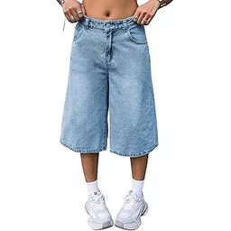 mulvari Solid Denim Cropped Long Loose Straight Leg Low Waisted Mid Length Shorts for Women's & Girl's-picture-40
