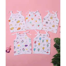 MumsLap 100% Organic Muslin Cotton Pack Of 5 Sleeveless Animals & Vehicles Printed Jhablas - White-picture-14