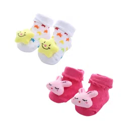 MumsLap Pack Of 2 Star & Bunny Applique Detailed Anti Skid Socks - Multi Colour-picture-15