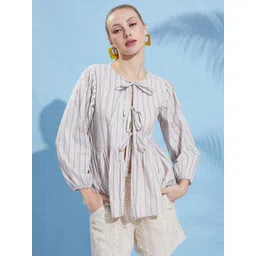 Murcia Women Stripe Printed Puff Sleeve Cotton Peplum Top-picture-19