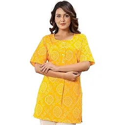 murli kurti Women's Printed Cotton Kurti | A - Line Short Kurta & Kurti for Women | Stylish Round Neck Short Sleeve Tunic for Casual & Office Wear (Yellow)-picture-10