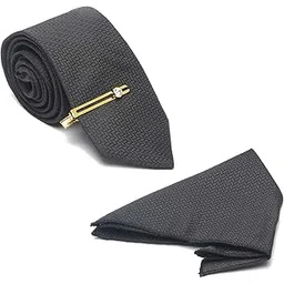 mutaqinoti Mens Checkered Black Woven Premium Silk Necktie Suit Accessories Set With Pocket Square And Golden Tie Pin (TEGPBL04)-picture-19