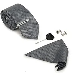mutaqinoti Mens Grey Woven Premium Silk Necktie Suit Accessories Set With Pocket Square Cufflinks Brooch Tie Pin (TEGY02CP)-picture-20