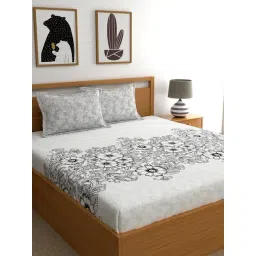 My Room Floral Black & White 140 TC Cotton Queen Bed Sheet with 2 Pillow Covers-picture-42