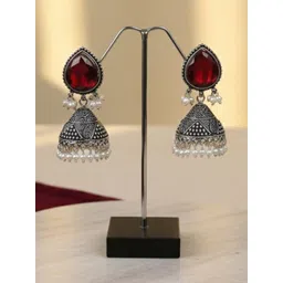 Mygaonwala Silver-Plated Artificial Stones Studded and Beaded Dome Shaped Jhumkas-picture-40