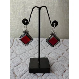Mygaonwala Silver-Plated Diamond Shaped Stones Studded And Beadded Oxidised Drop Earrings-picture-20