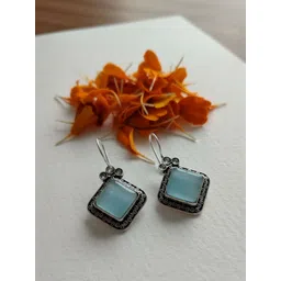 Mygaonwala Silver-Plated Diamond Shaped Stones Studded And Beaded Oxidised Drop Earrings-picture-12