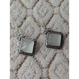 Mygaonwala Silver-Plated Diamond Shaped Stones Studded And Beaded Oxidised Drop Earrings-picture-16