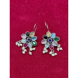 Mygaonwala Silver-Plated Floral Shaped Stones Studded And pearls Beadded Drop Earrings-picture-22