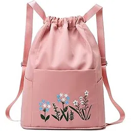 myheart Travel Drawstring Bag Waterproof Flower Print Foldable Embroidery Design Drawstring Backpack for Outdoor (Pink)-picture-23