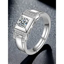 MYKI Men Sterling Silver Silver-plated CZ-Studded Solitaire Adjustable Finger Ring image 3