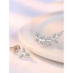 MYKI Silver-Plated Cubic Zirconia Studded Leaf Shaped Studs Earrings-picture-12