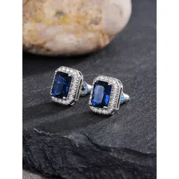 MYKI Stainless Steel Silver Plated Cubic Zirconia Studded Square Shaped Studs-picture-39