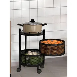 Myntra Elegant Homes Black Metal 2-Layer Rotating Storage Rack Trolley With Wheels-image-36