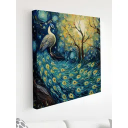Myntra Elegant Homes Blue And Green Peacock Printed Canvas Wall Art-image-3