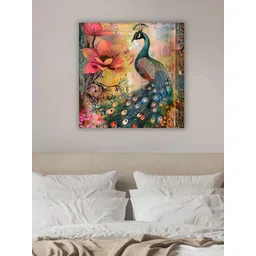 Myntra Elegant Homes Blue & Pink Peacock Birds and Animals Printed Canvas Wall Art-image-4